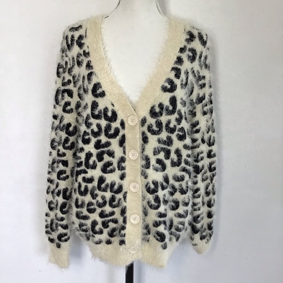 POL Sweaters - POL Women Elegant Fuzzy Black and Cream Leopard Button Up Cozy Soft Sweater M
